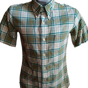 Vintage 1980s Shirt Oxford Collar Mens Small Green Plaid SS Summer BBQ Indy
